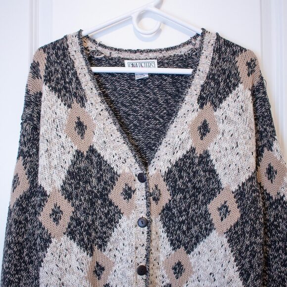 Geometric Knit Cardigan VTG S Gina Peters Sport Black Beige 80s Cozy Soft Summer - Picture 3 of 8